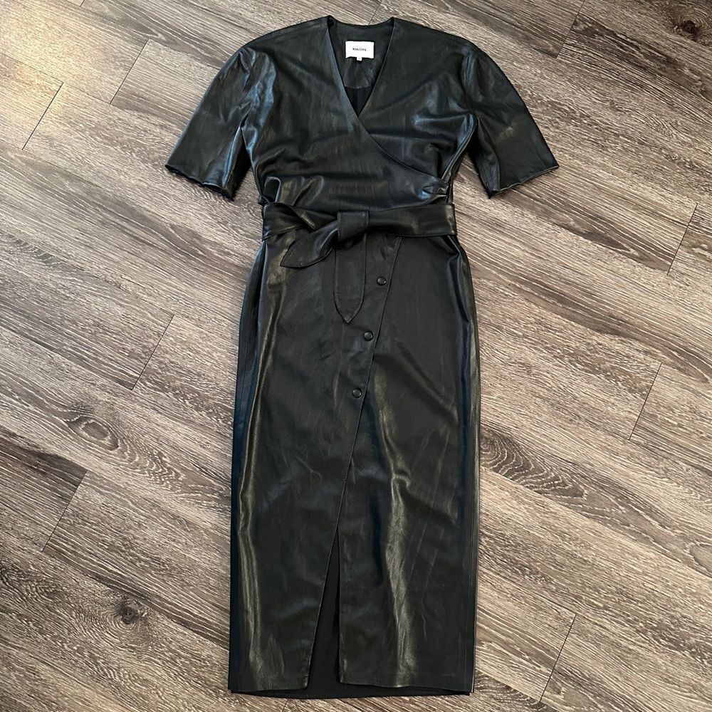 Nanushka Black Vegan Leather Penelope Wrap Dress